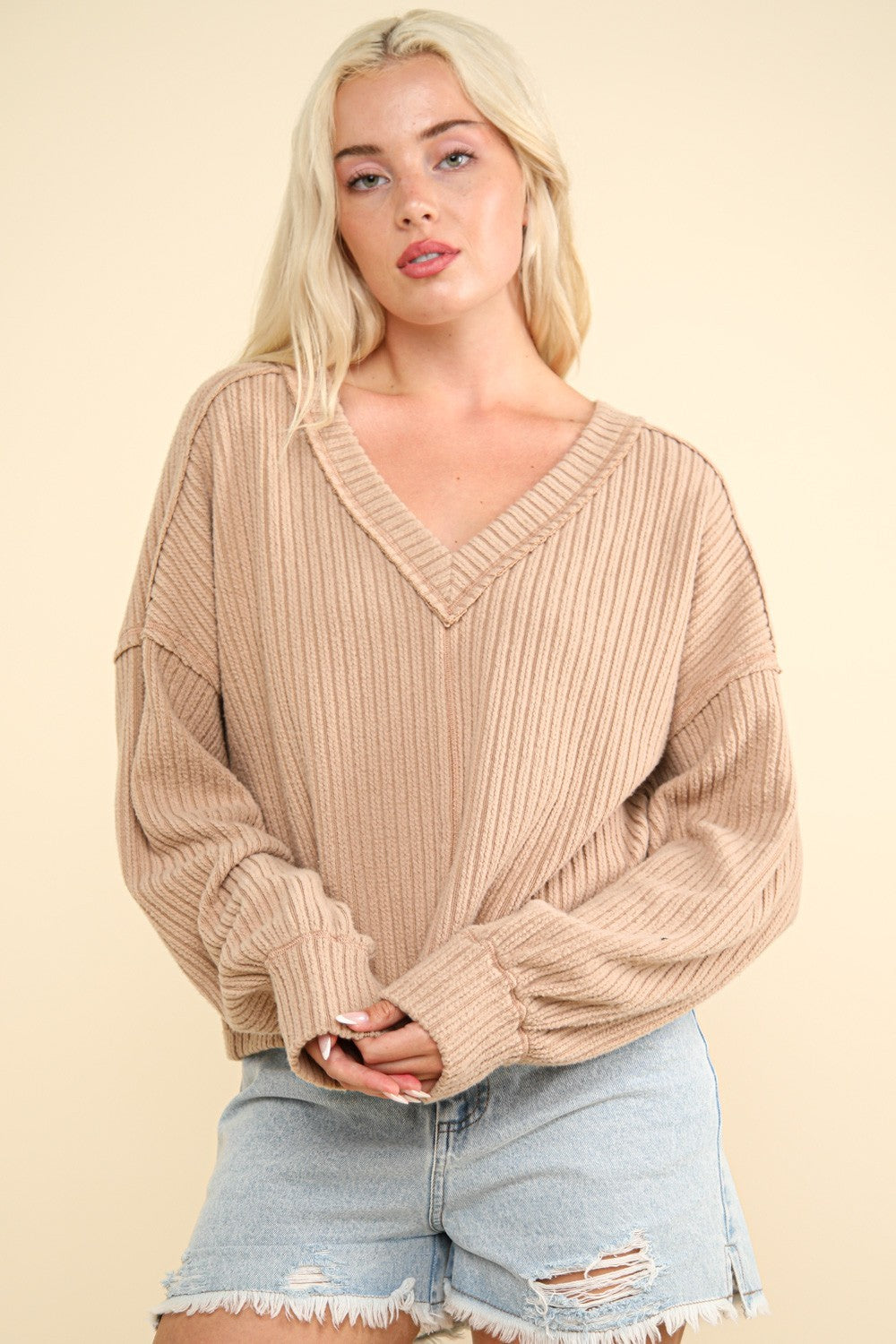 VERY J Exposed Seam V-Neck Ribbed Knit Top