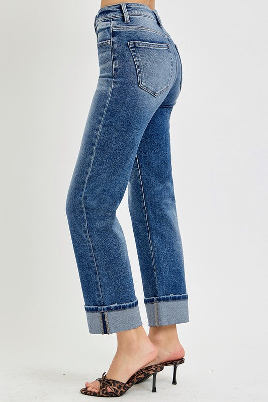 RISEN Full Size High Rise Crop Straight Roll Up Jeans 20416 | Gulf Resellers 