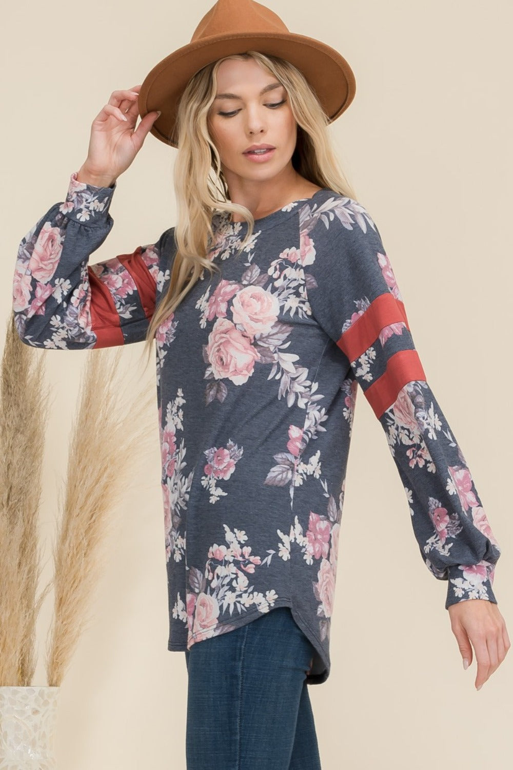 Celeste Full Size Floral Curved Hem T-Shirt with Stripe Detail 19487 | Gulf Resellers 