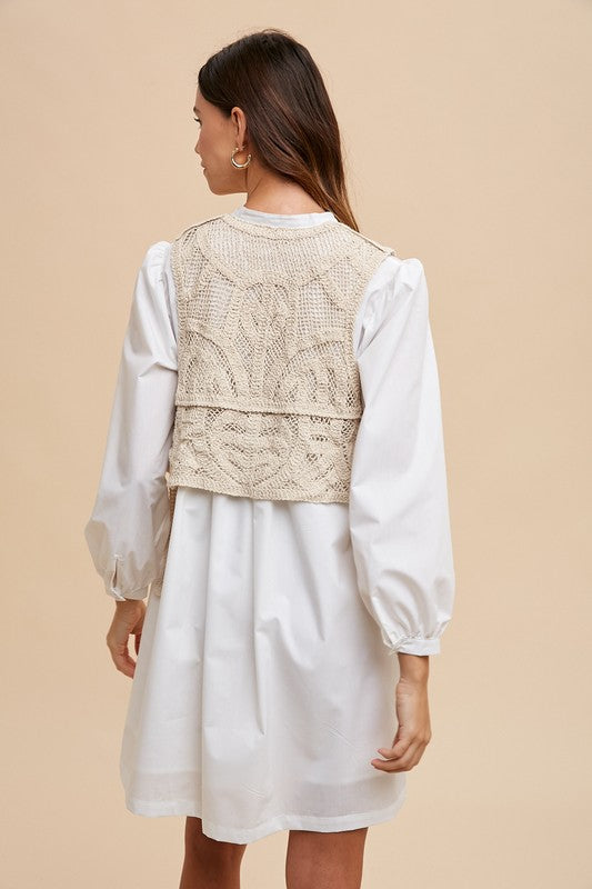 Annie Wear Crochet Vest Notched Long Sleeve Shirt Dress 21113 | Gulf Resellers 