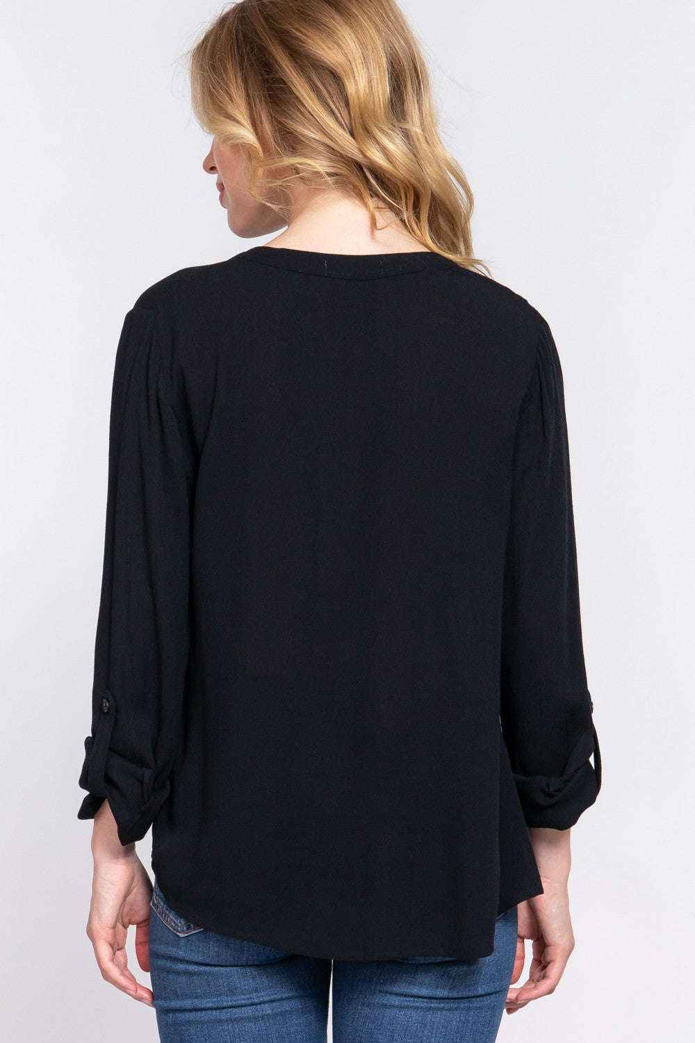 ACTIVE BASIC Full Size Notched Long Sleeve Woven Top | Gulf Resellers