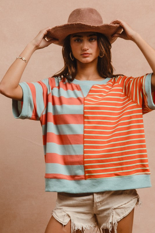 BiBi Striped Round Neck Half Sleeve French Terry Top 18408 | Gulf Resellers 