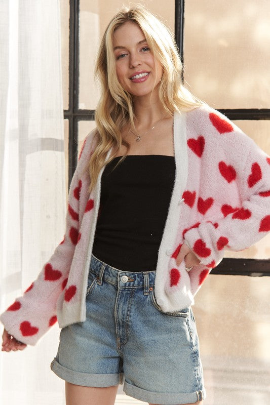 ADORA Fuzzy Heart Button Down Cardigan 19915 | Gulf Resellers 