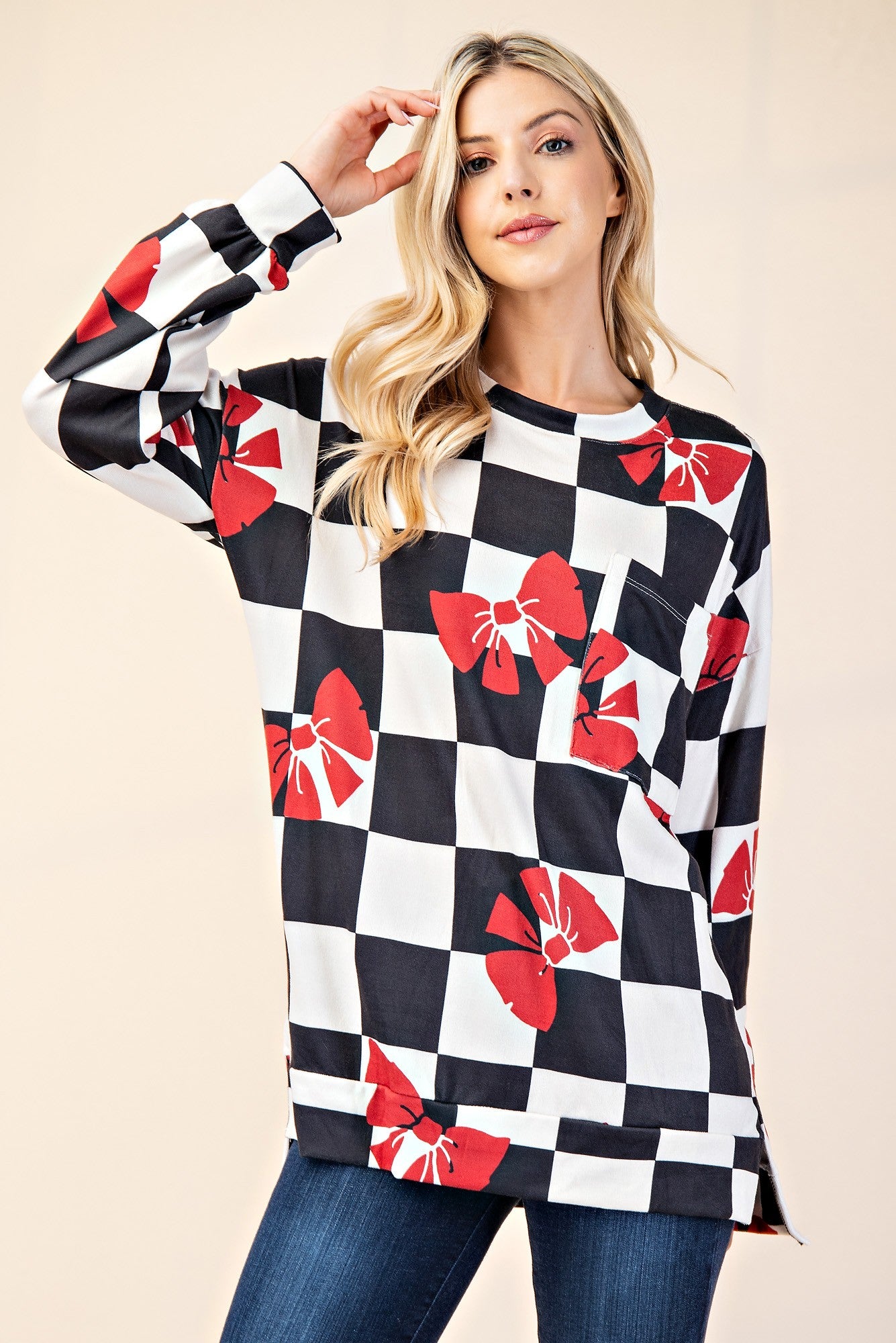 Celeste Full Size Checkered Bow Print Round Neck T-Shirt 18459 | Gulf Resellers 