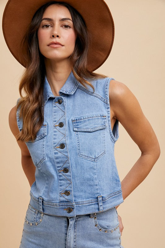 Annie Wear Collared Neck Button Down Denim Vest 21065 | Gulf Resellers 