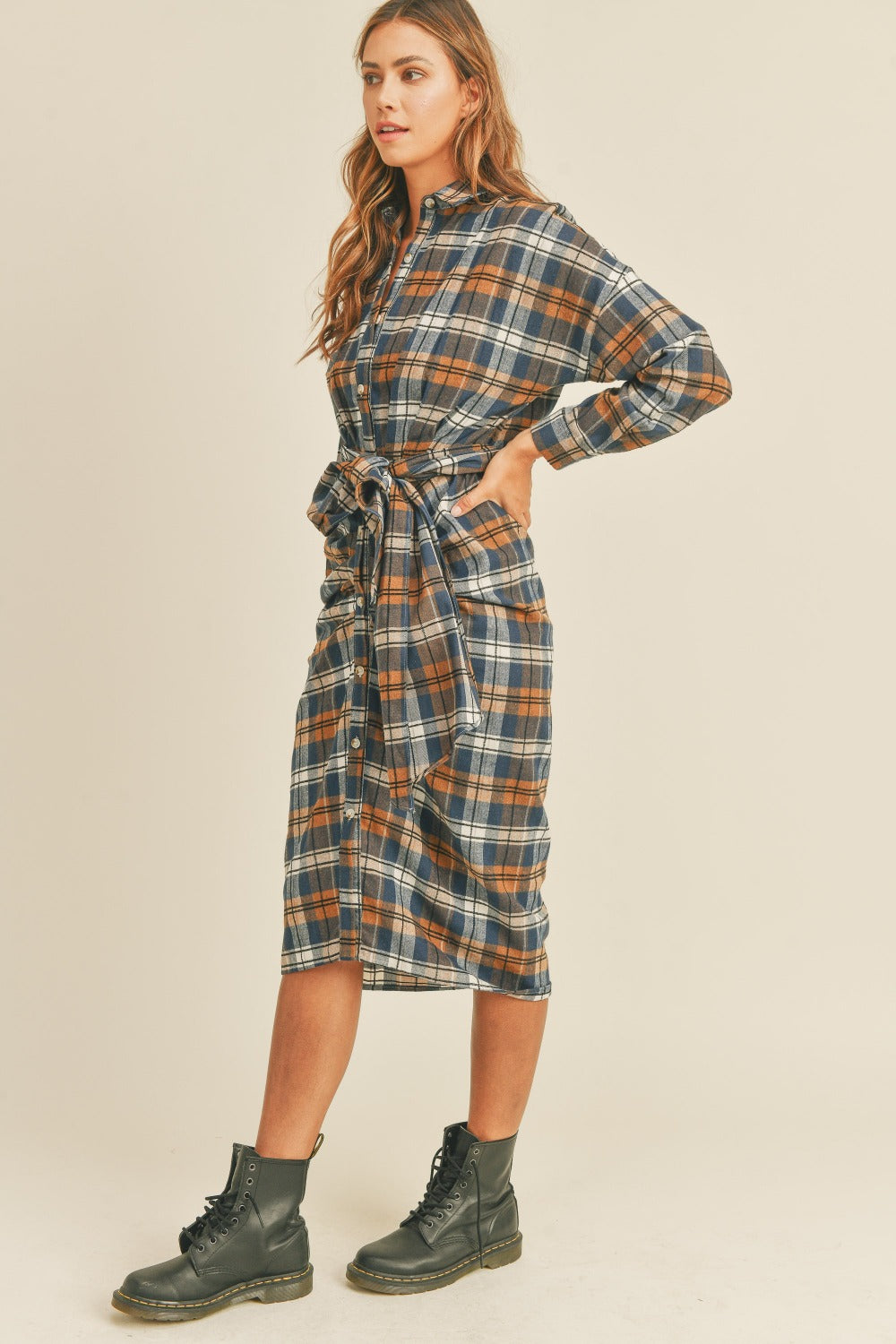 Mable Plaid Flannel Front Tie Button Down Shirt Dress | Gulf Resellers