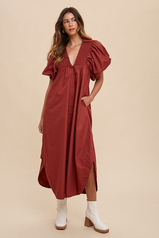 Annie Wear Smocked Puff Sleeve Midi Dress 20789 | Gulf Resellers 