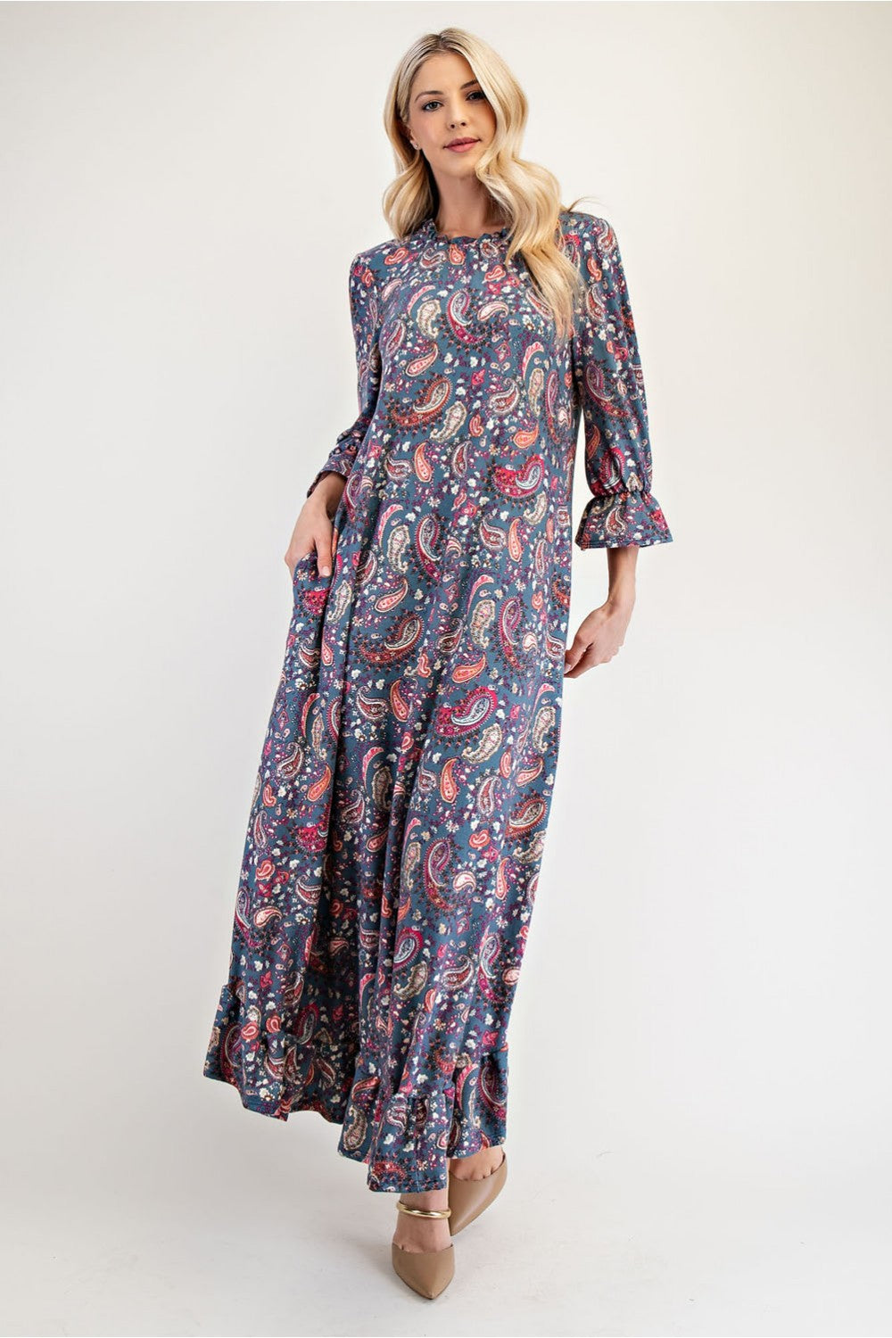 Celeste Full Size Ruffle Hem Paisley Round Neck Dress 20720 | Gulf Resellers 