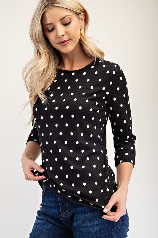 Celeste Full Size Polka Dot Round Neck Three-Quarter Sleeve T-Shirt 18267 | Gulf Resellers 