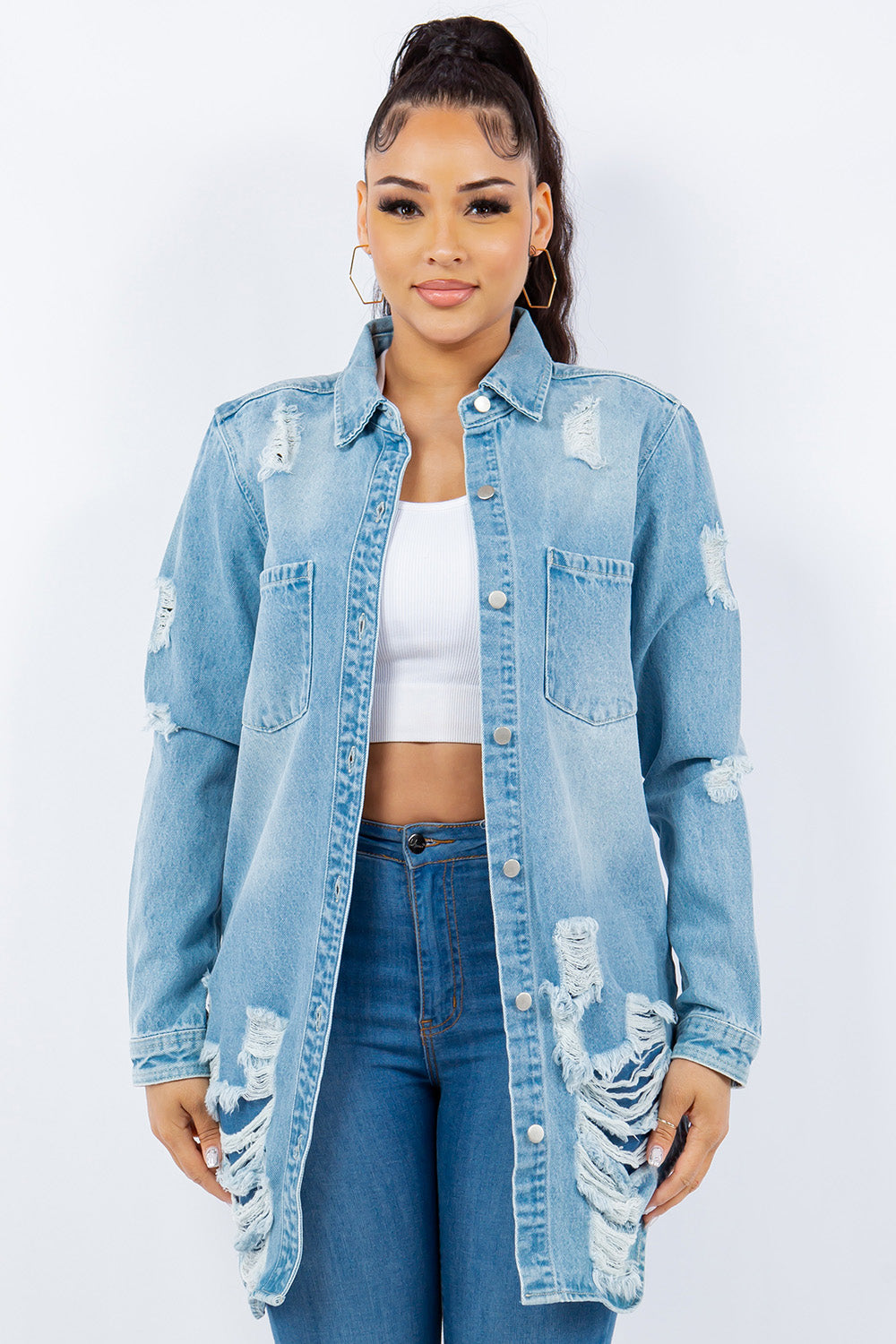 American Bazi Distressed Button Up Long Sleeve Denim Jacket | Gulf Resellers