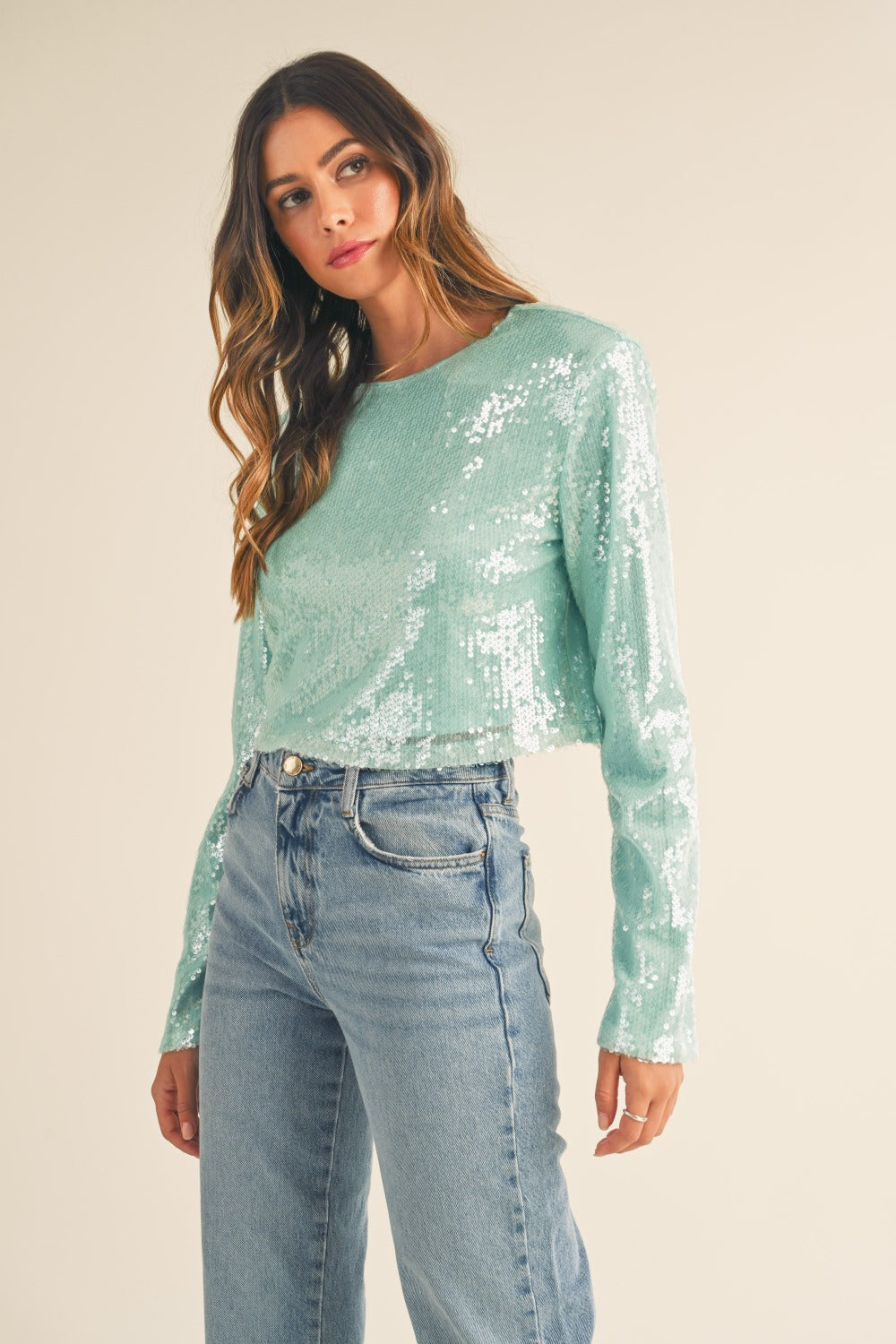 MABLE Shoulder Padded Sequin Crop Top 18227 | Gulf Resellers 