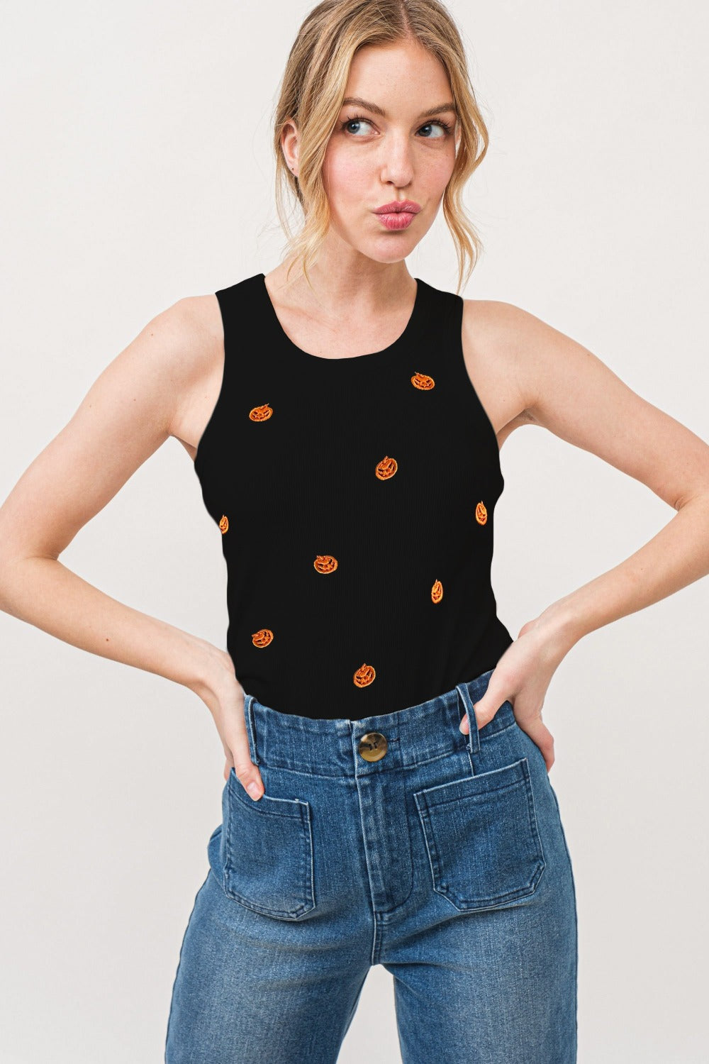 And The Why Jack O' Lantern Embroidered Ribbed Tank 16673 | Gulf Resellers 