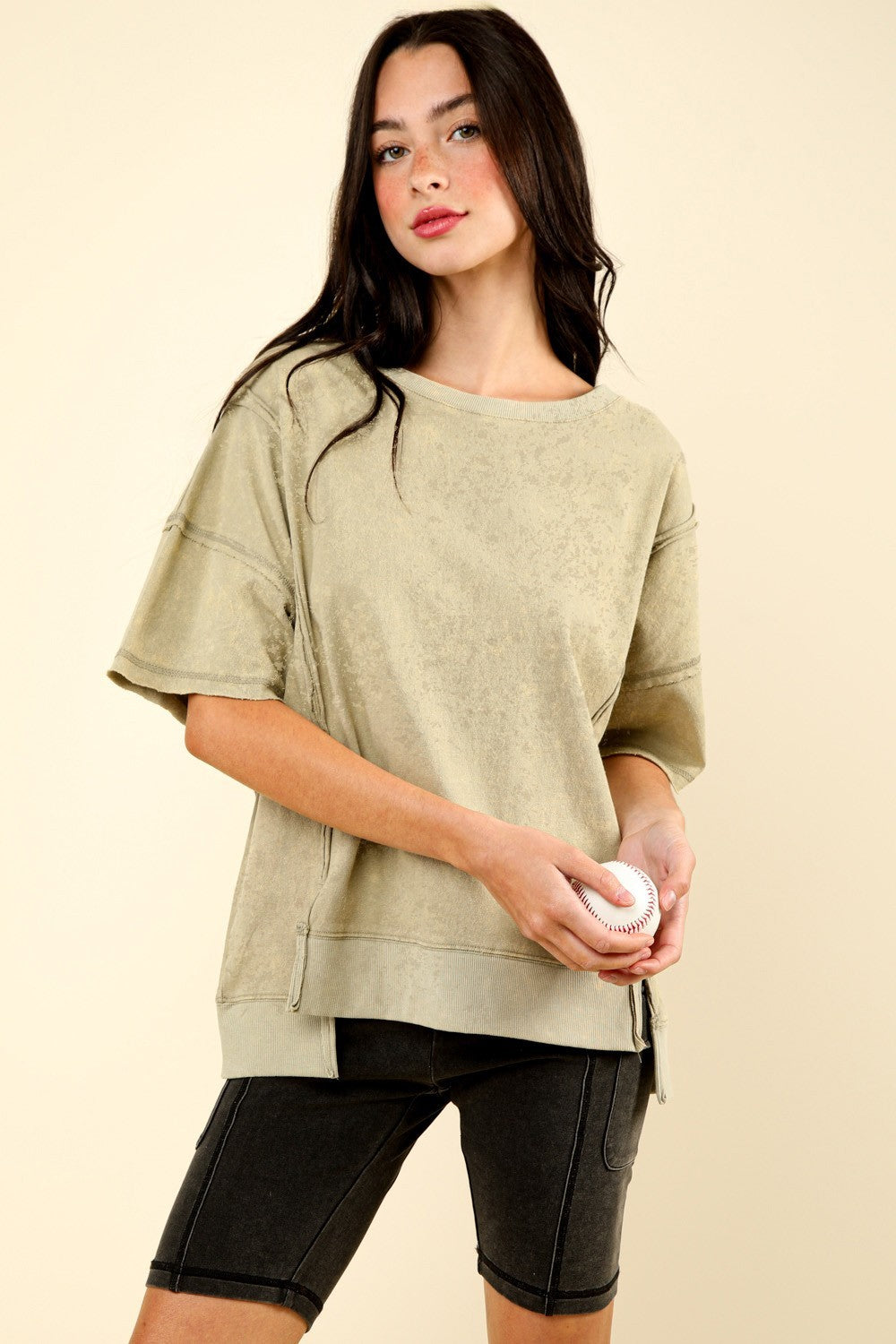 VERY J Round Neck Exposed Seam Slit T-Shirt 18030 | Gulf Resellers 