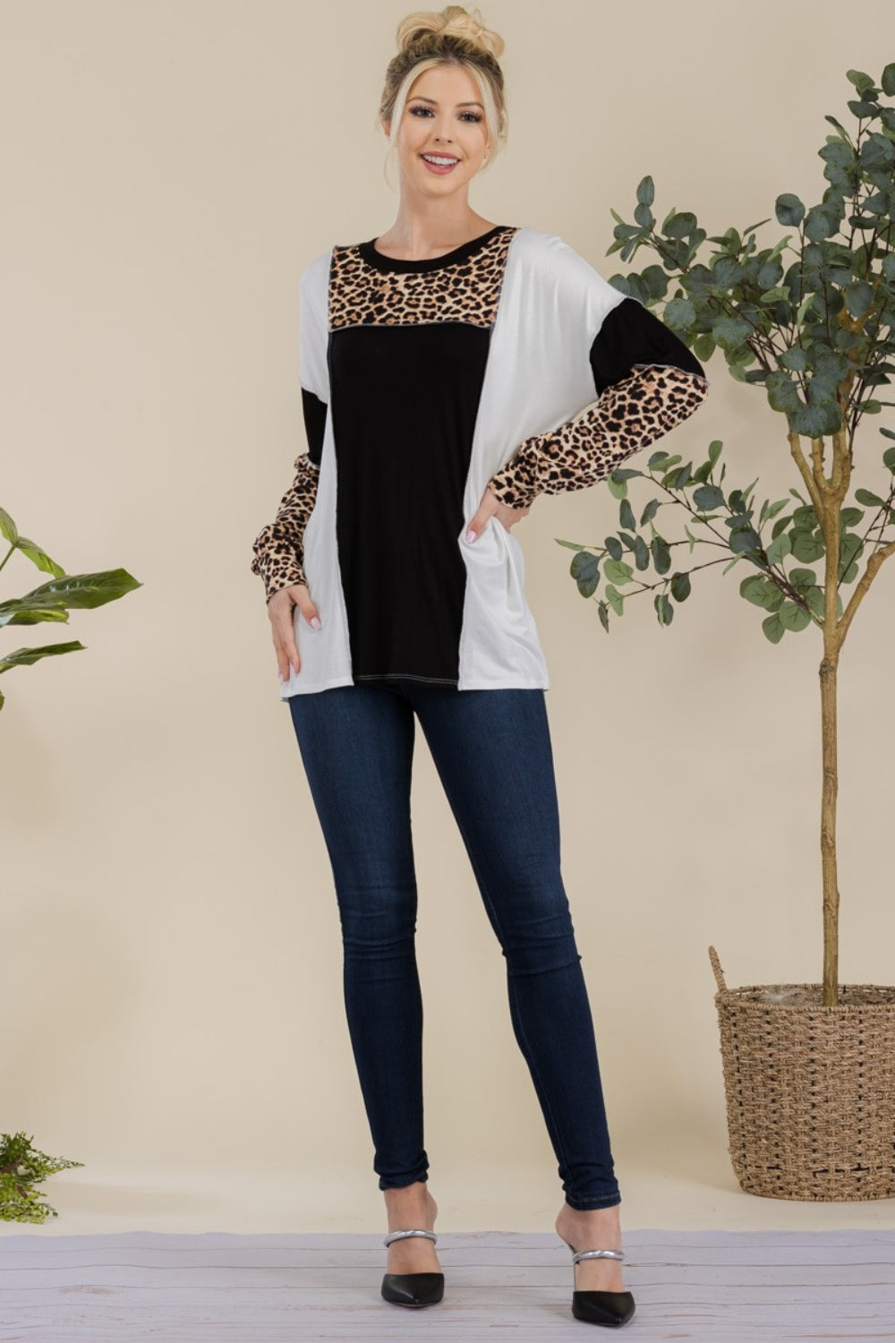 Celeste Full Size Leopard Color Block Exposed Seam T-Shirt 20480 | Gulf Resellers 