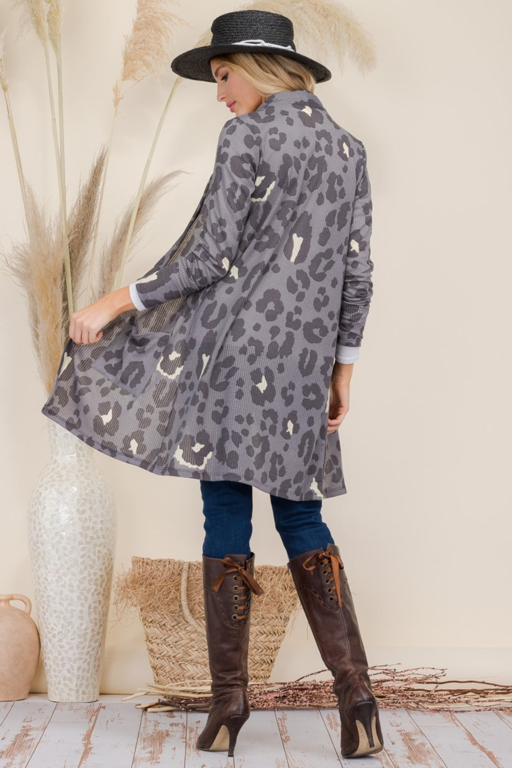 Celeste Full Size Leopard Open Front Contrast Cardigan 9993 | Gulf Resellers 