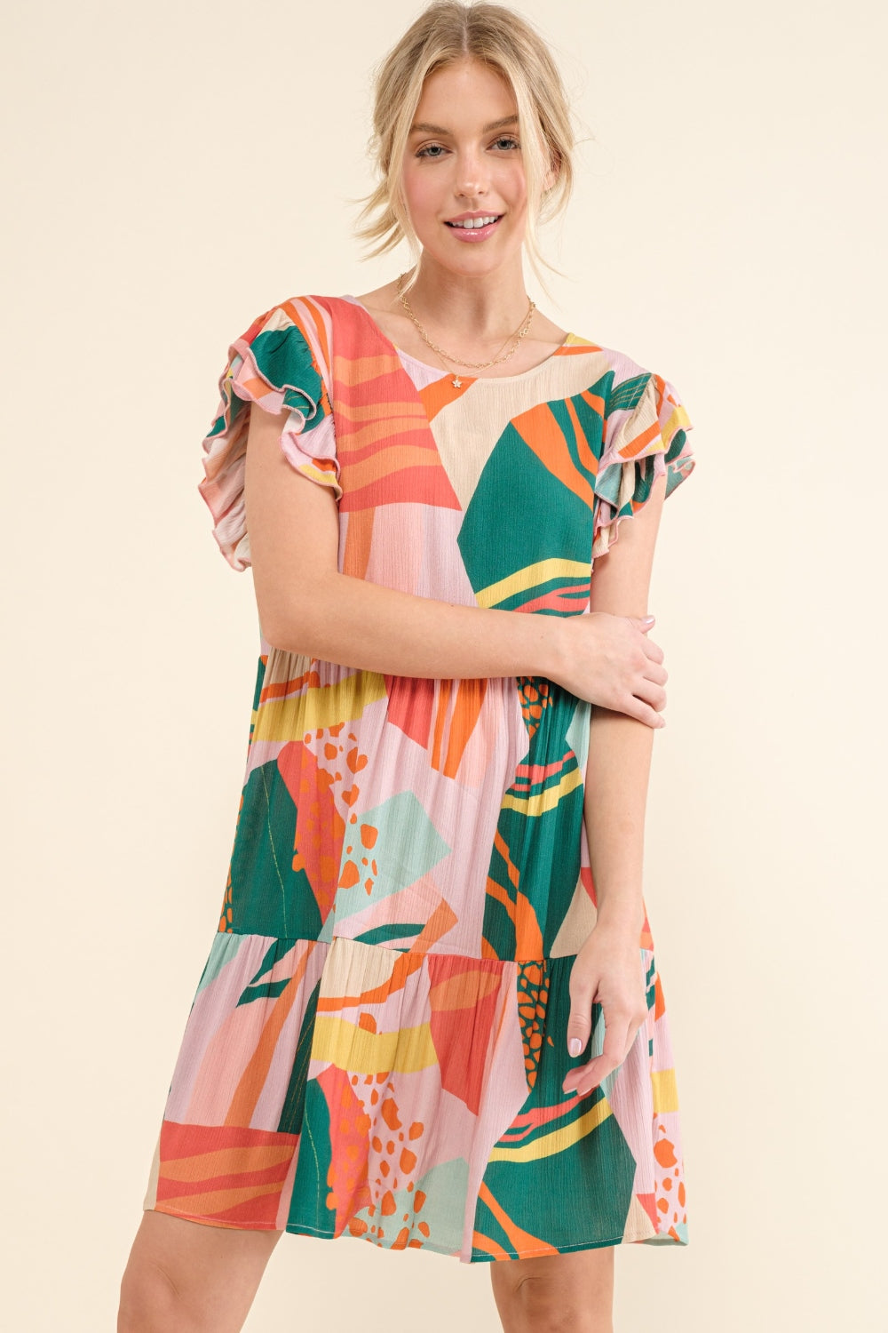 And The Why Printed Double Ruffle Sleeve Dress 5230 | Gulf Resellers 