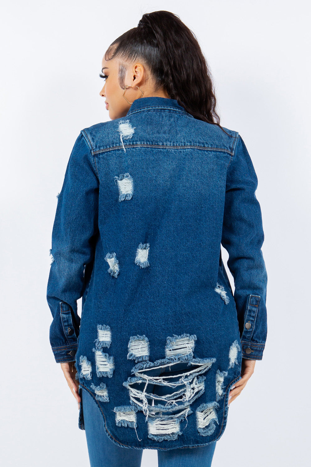 American Bazi Distressed Button Up Long Sleeve Denim Jacket | Gulf Resellers