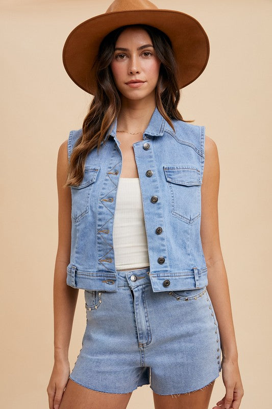 Annie Wear Collared Neck Button Down Denim Vest 21069 | Gulf Resellers 