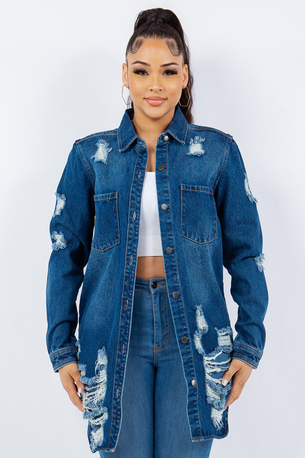 American Bazi Distressed Button Up Long Sleeve Denim Jacket | Gulf Resellers