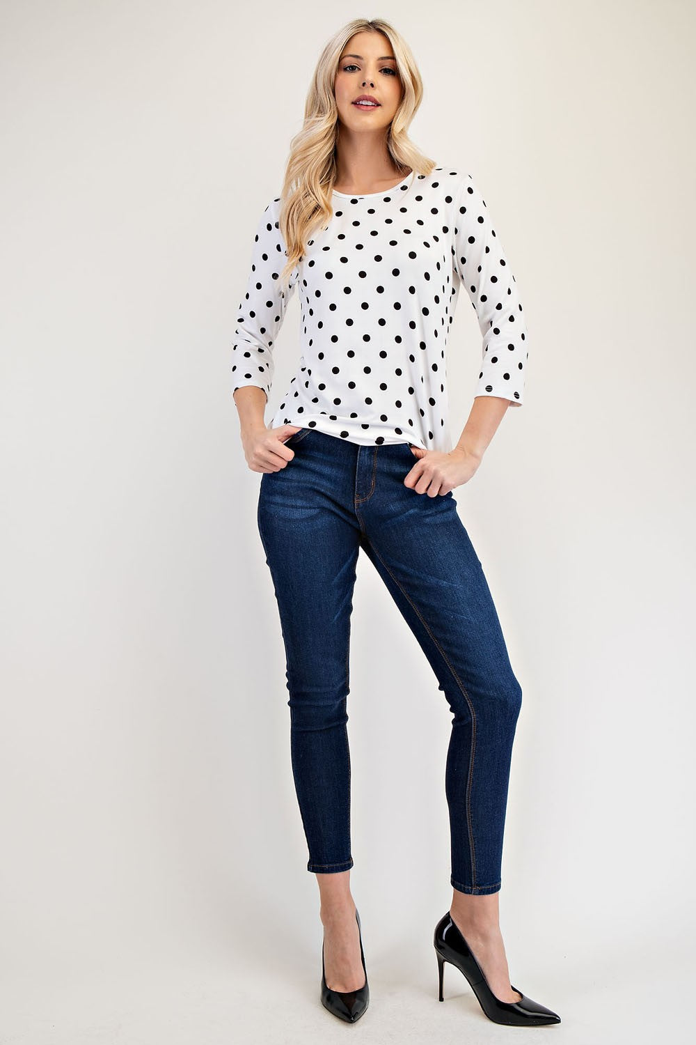 Celeste Full Size Polka Dot Round Neck Three-Quarter Sleeve T-Shirt 20145 | Gulf Resellers 