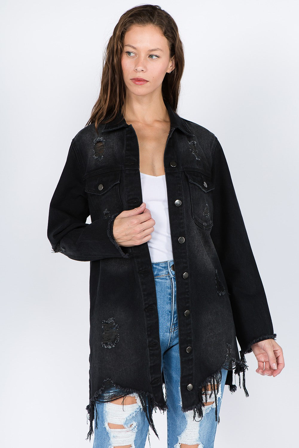 American Bazi Distressed Frayed Hem Denim Jacket | Gulf Resellers