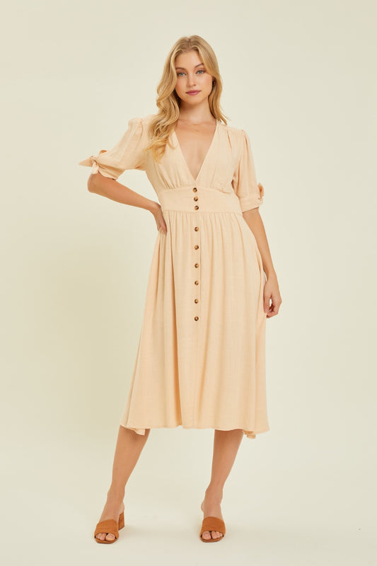 HEYSON Full Size Textured Linen V-Neck Button-Down Midi Dress