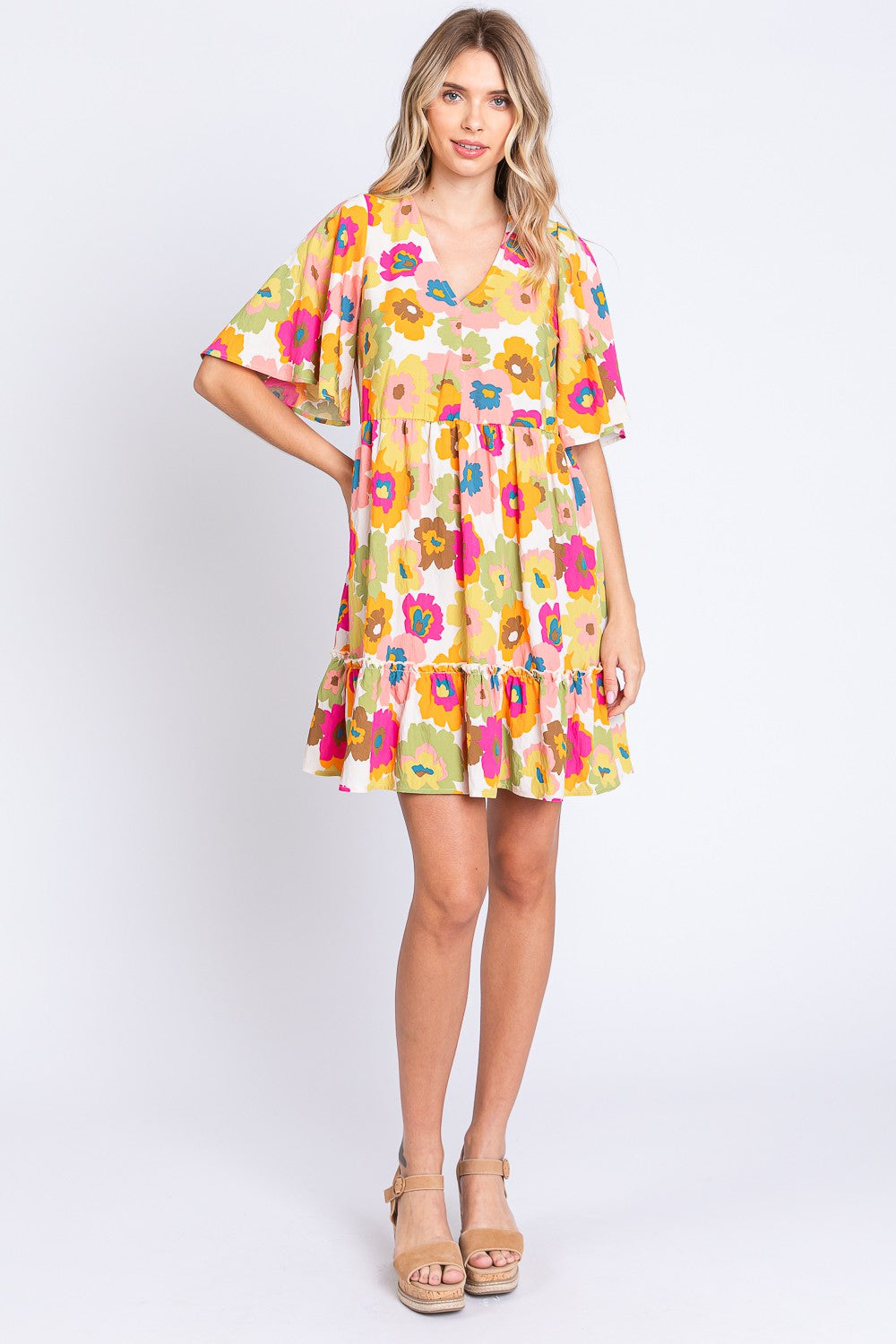 GeeGee Floral V-Neck Ruffle Hem Mini Dress 5283 | Gulf Resellers 