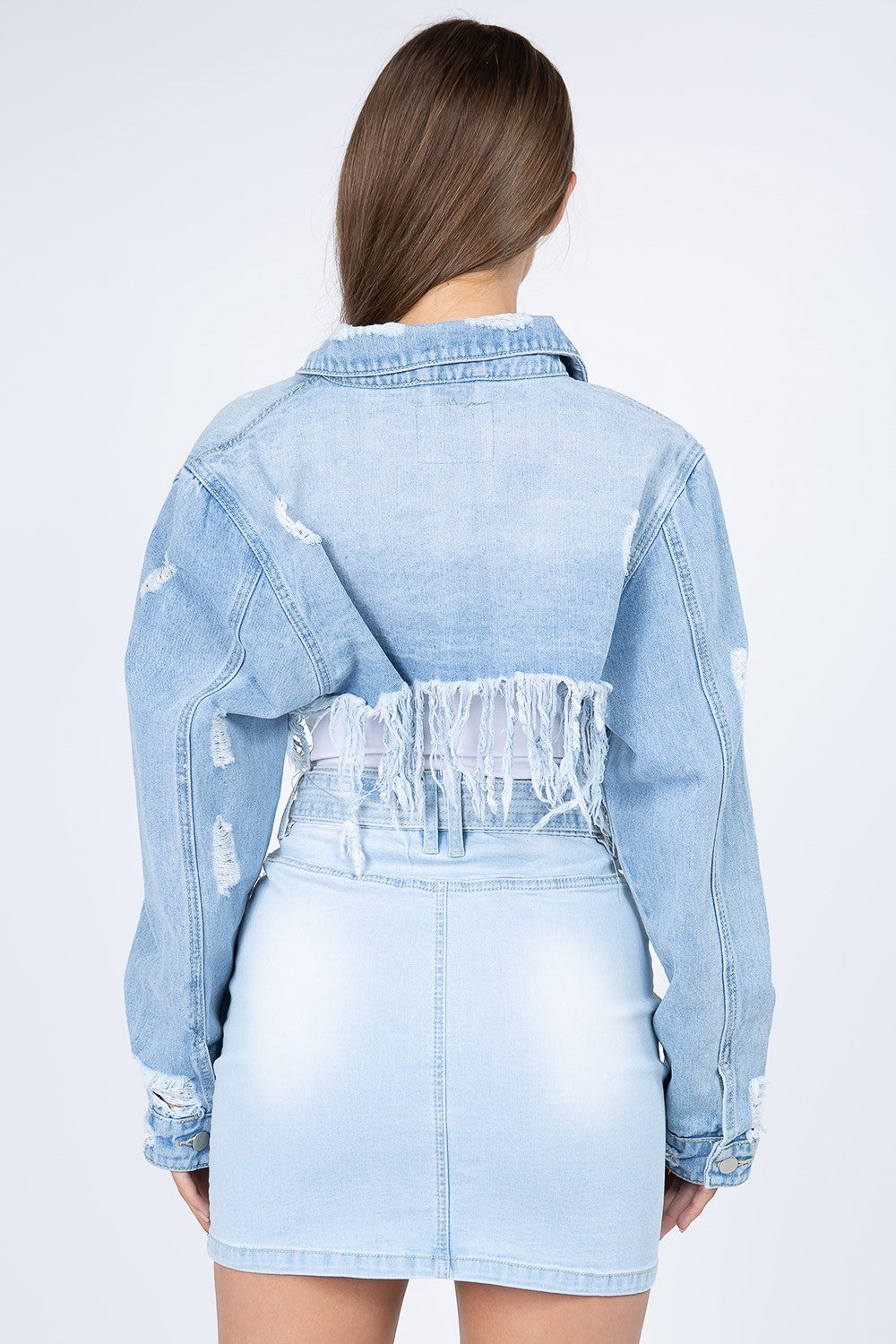 American Bazi Distressed Denim Jacket with Frayed Hem | Gulf Resellers