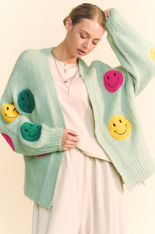 Davi & Dani Fuzzy Smile Open Front Long Sleeve Cardigan 20492 | Gulf Resellers 