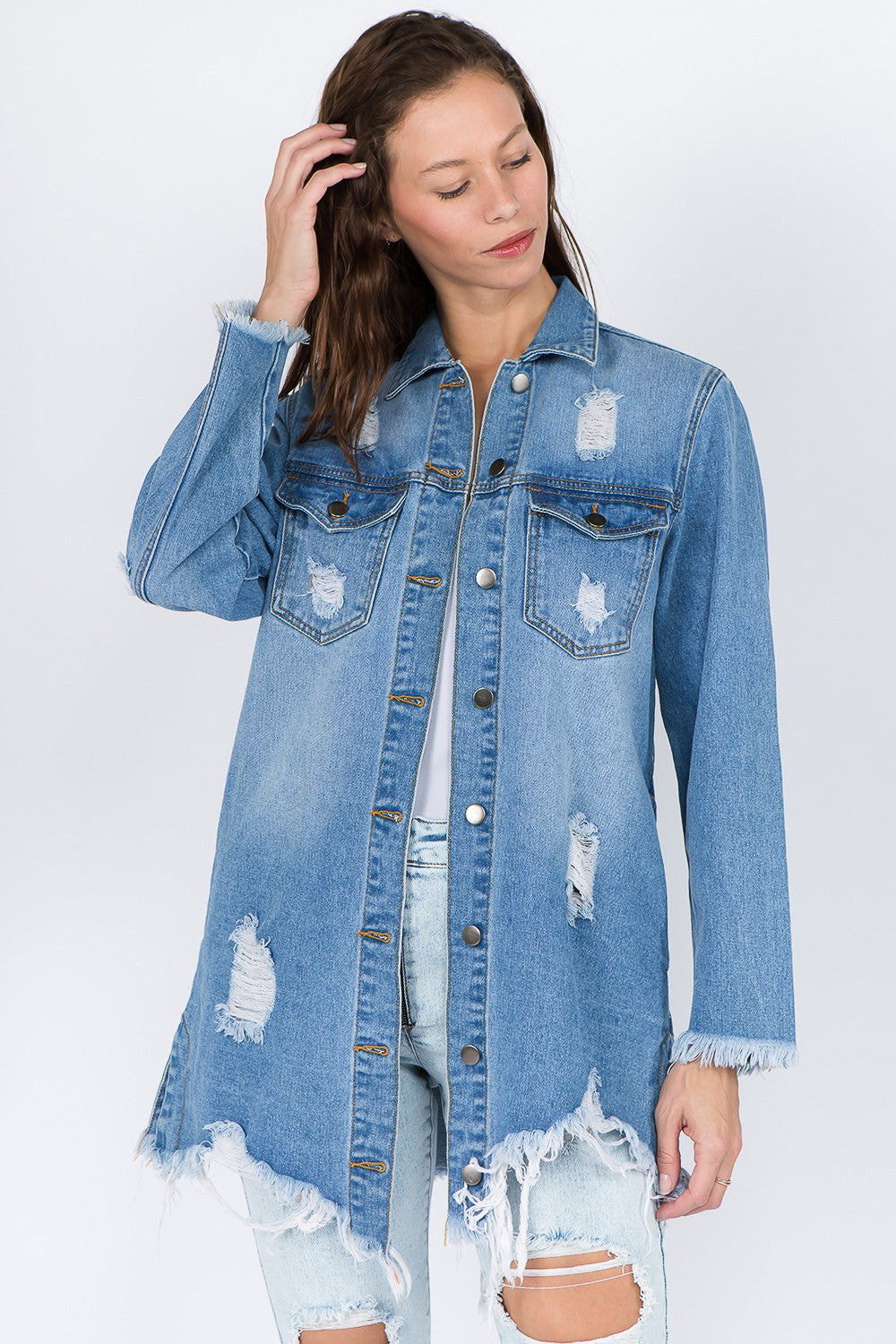 American Bazi Distressed Frayed Hem Denim Jacket | Gulf Resellers