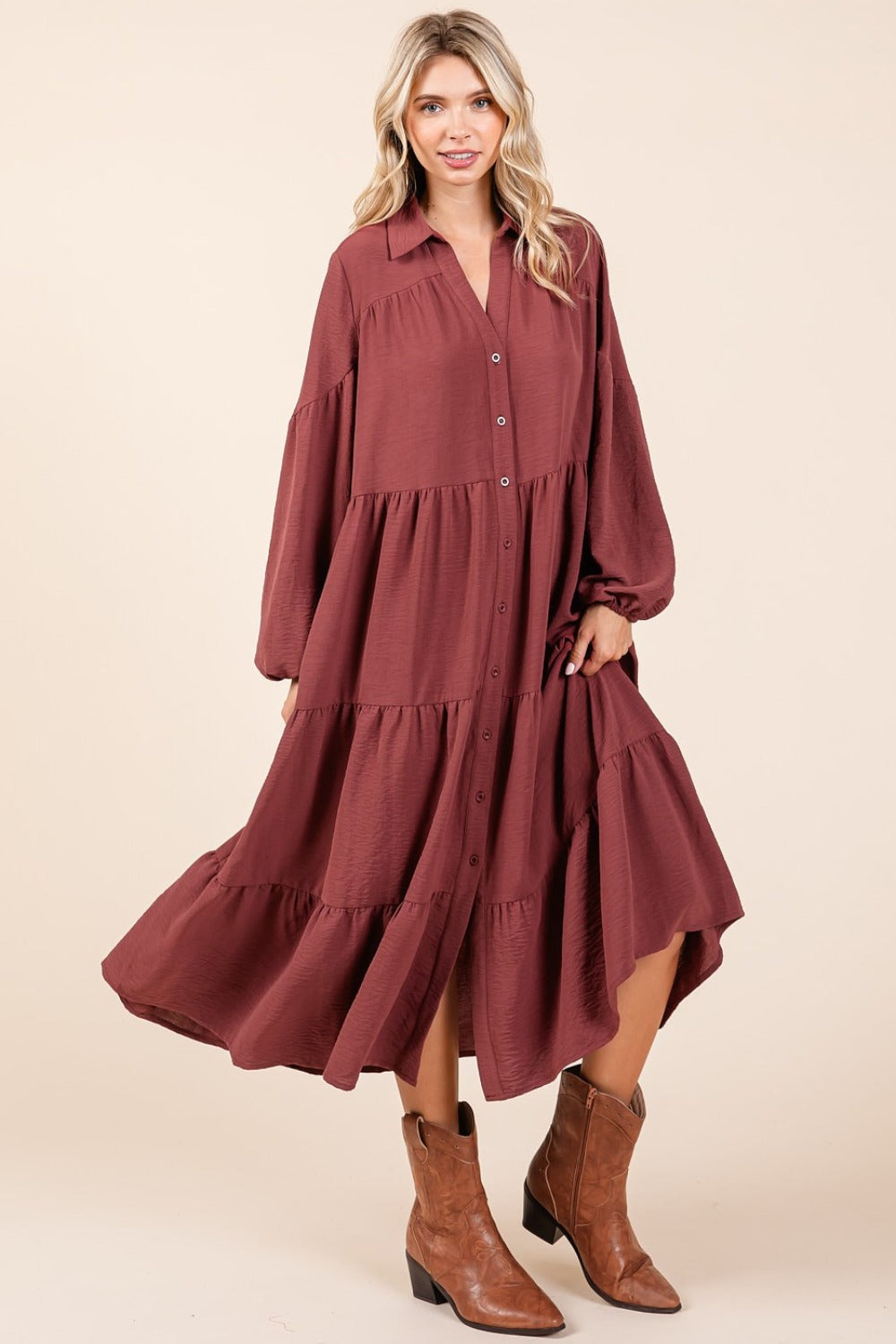 Mittoshop Tiered Button Down Long Sleeve Midi Dress 15112 | Gulf Resellers 