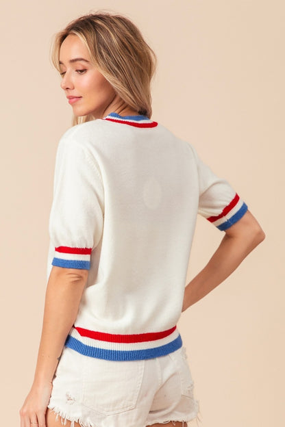 BiBi US Flag Theme Striped Heart Sweater