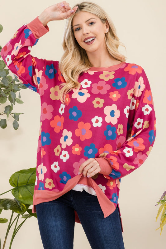 Celeste Full Size Side Slit Flower Print Long Sleeve Top 19175 | Gulf Resellers 