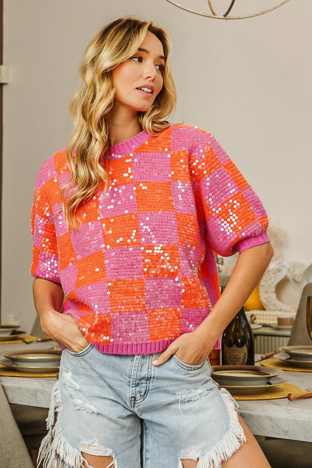 BiBi Checkered Short Sleeve Sequin Sweater