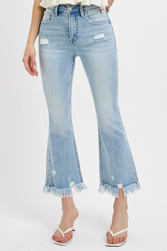 RISEN Full Size Raw Hem Distressed Cropped Flare Jeans Plus Size 18797 | Gulf Resellers 