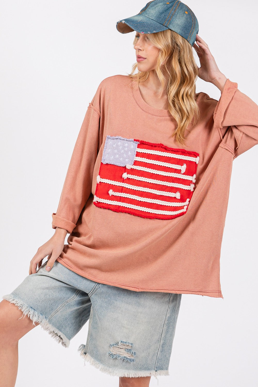 SAGE + FIG Full Size American Flag Patch Drop Shoulder T-Shirt 19010 | Gulf Resellers 