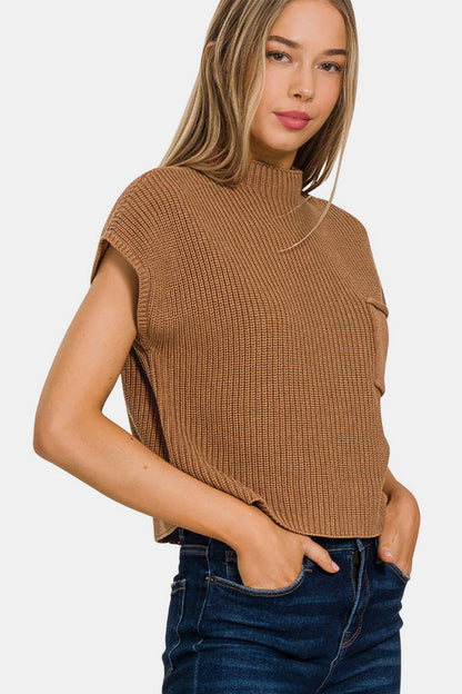 Zenana Mock Neck Short Sleeve Cropped Sweater