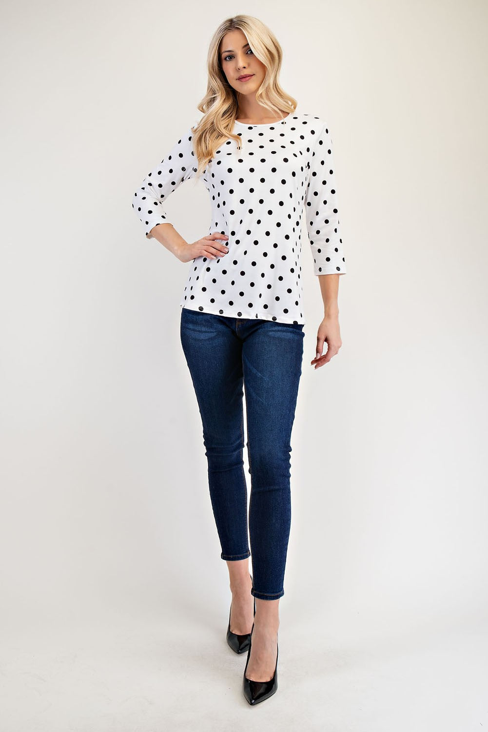 Celeste Full Size Polka Dot Round Neck Three-Quarter Sleeve T-Shirt 20144 | Gulf Resellers 