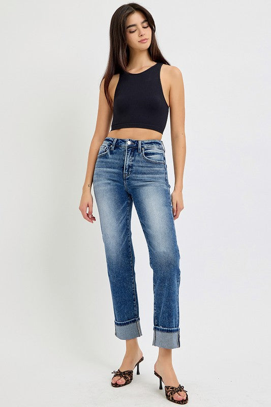 RISEN Full Size High Rise Crop Straight Roll Up Jeans 20419 | Gulf Resellers 