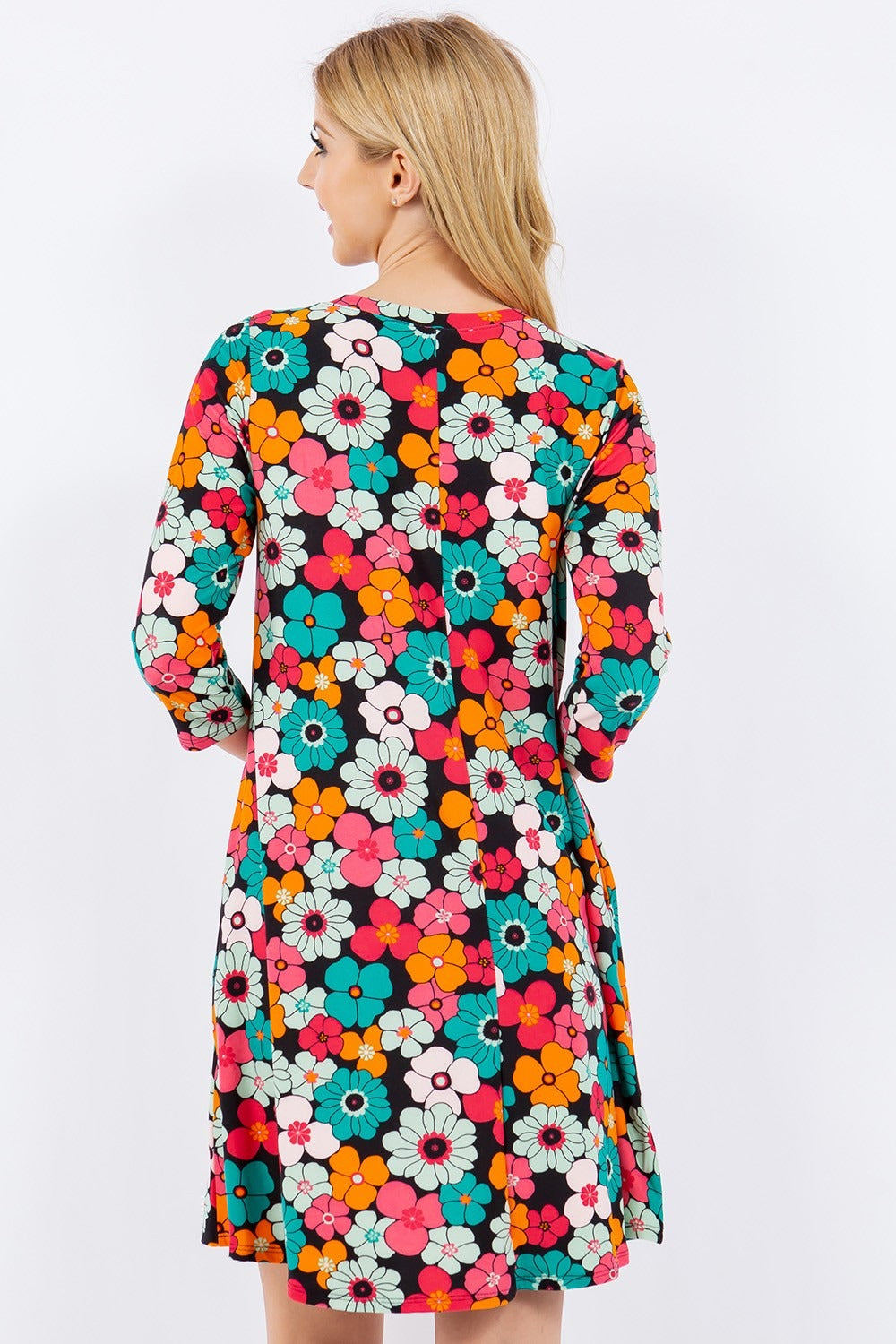 Celeste Full Size Floral Three-Quarter Sleeve Dress with Pockets 7920 | Gulf Resellers 