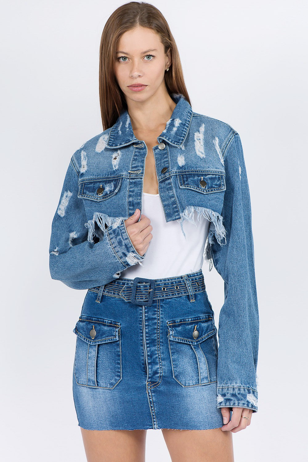 American Bazi Distressed Denim Jacket with Frayed Hem | Gulf Resellers