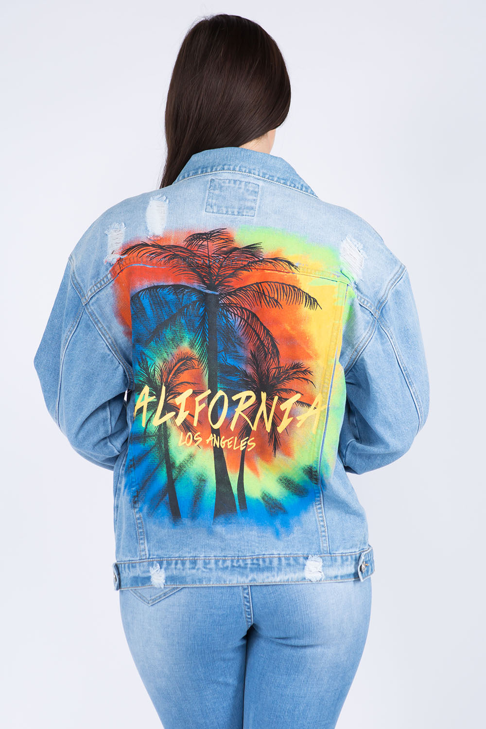 American Bazi Full Size Painted Back Distressed Denim Jacket 13412 | Gulf Resellers 