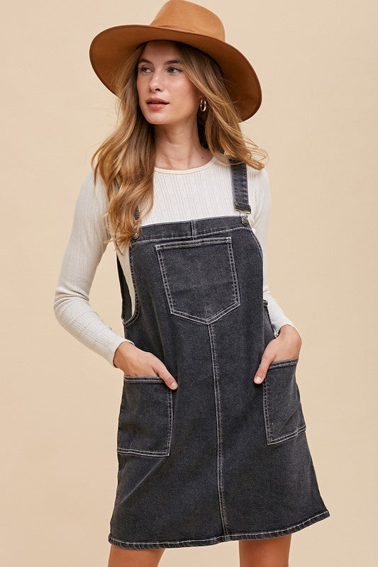 Annie Wear Wide Strap Denim Overall Dress with Pockets 20509 | Gulf Resellers 