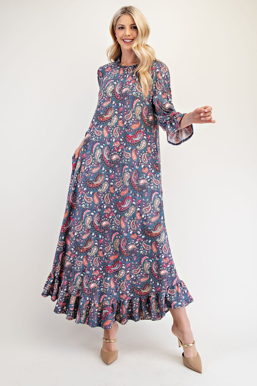 Celeste Full Size Ruffle Hem Paisley Round Neck Dress 20722 | Gulf Resellers 