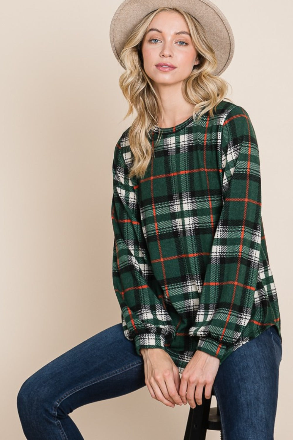 BOMBOM Curved Hem Plaid Round Neck Long Sleeve Top 20309 | Gulf Resellers 