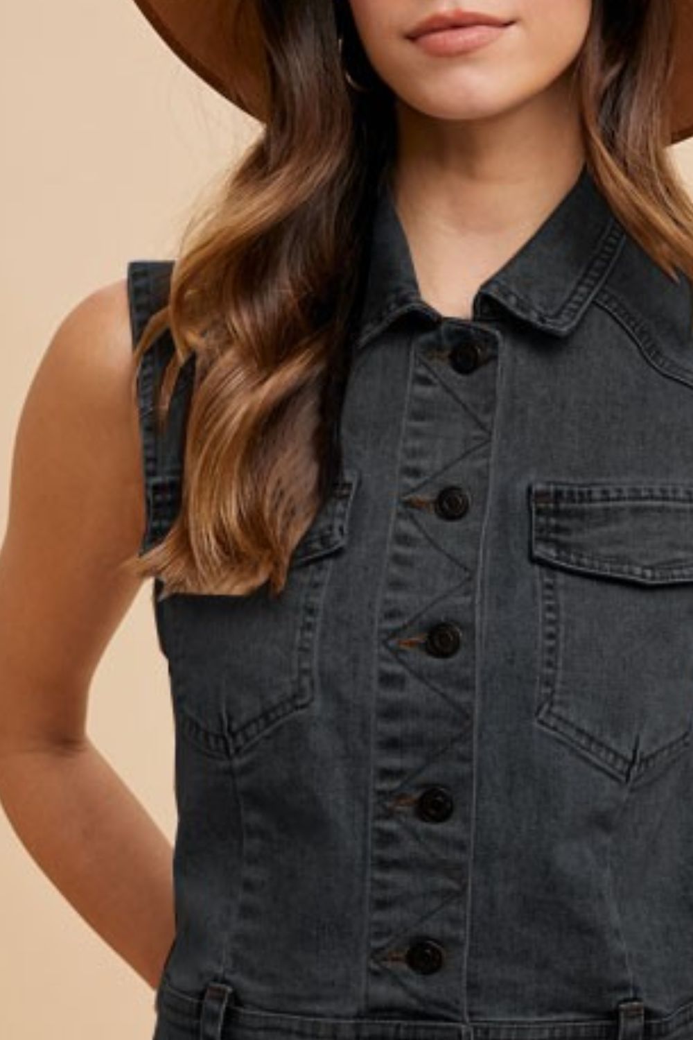 Annie Wear Collared Neck Button Down Denim Vest 20569 | Gulf Resellers 