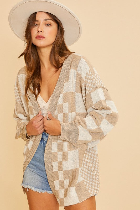 Annie Wear Checkered Open Front Drop Shoulder Cardigan 18593 | Gulf Resellers 