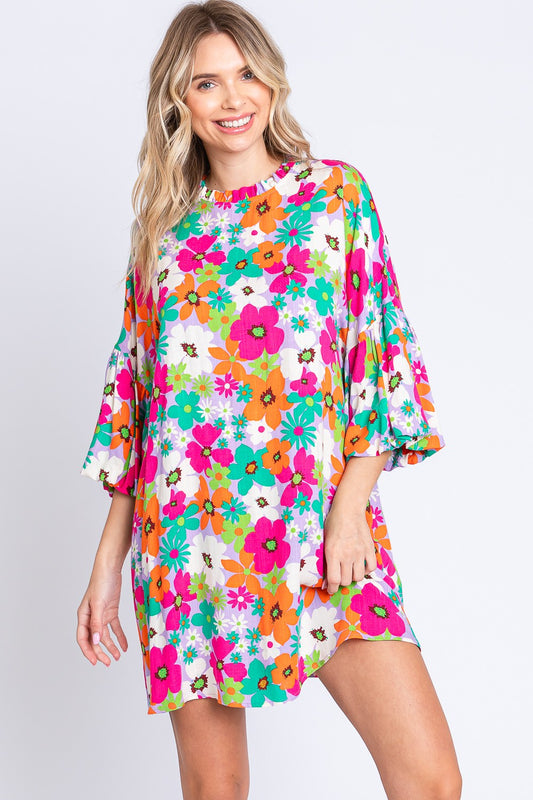 GeeGee Full Size Floral Round Neck Lantern Sleeve Mini Dress