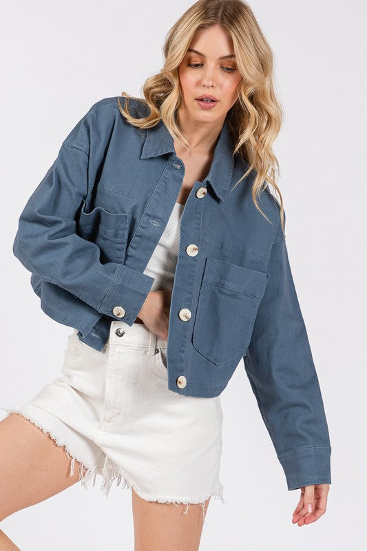 bytos Button Down Cropped Denim Jacket with Patch Pockets 20108 | Gulf Resellers 