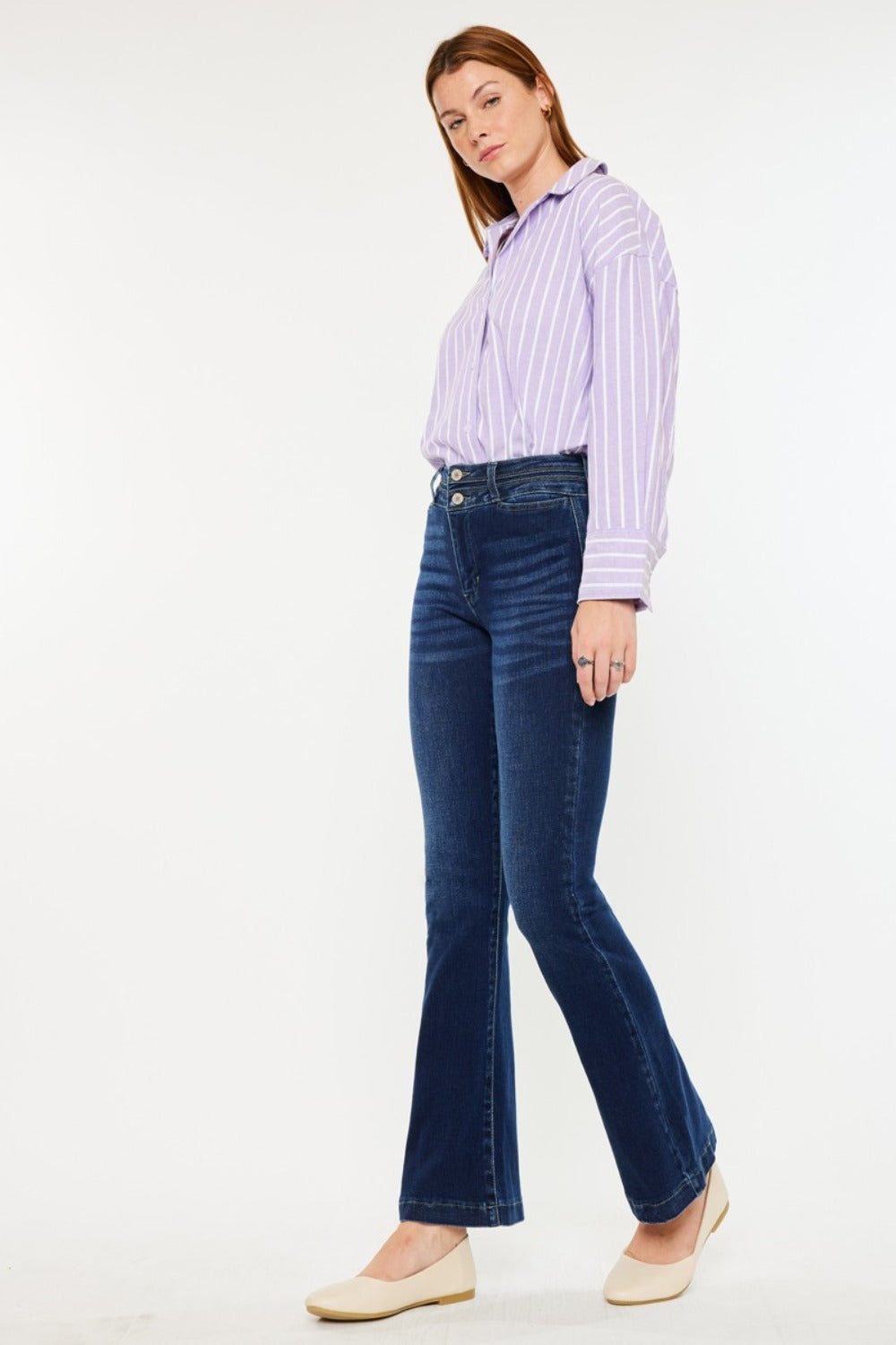 Kancan High Rise Double Waistband Flare Jeans | Gulf Resellers